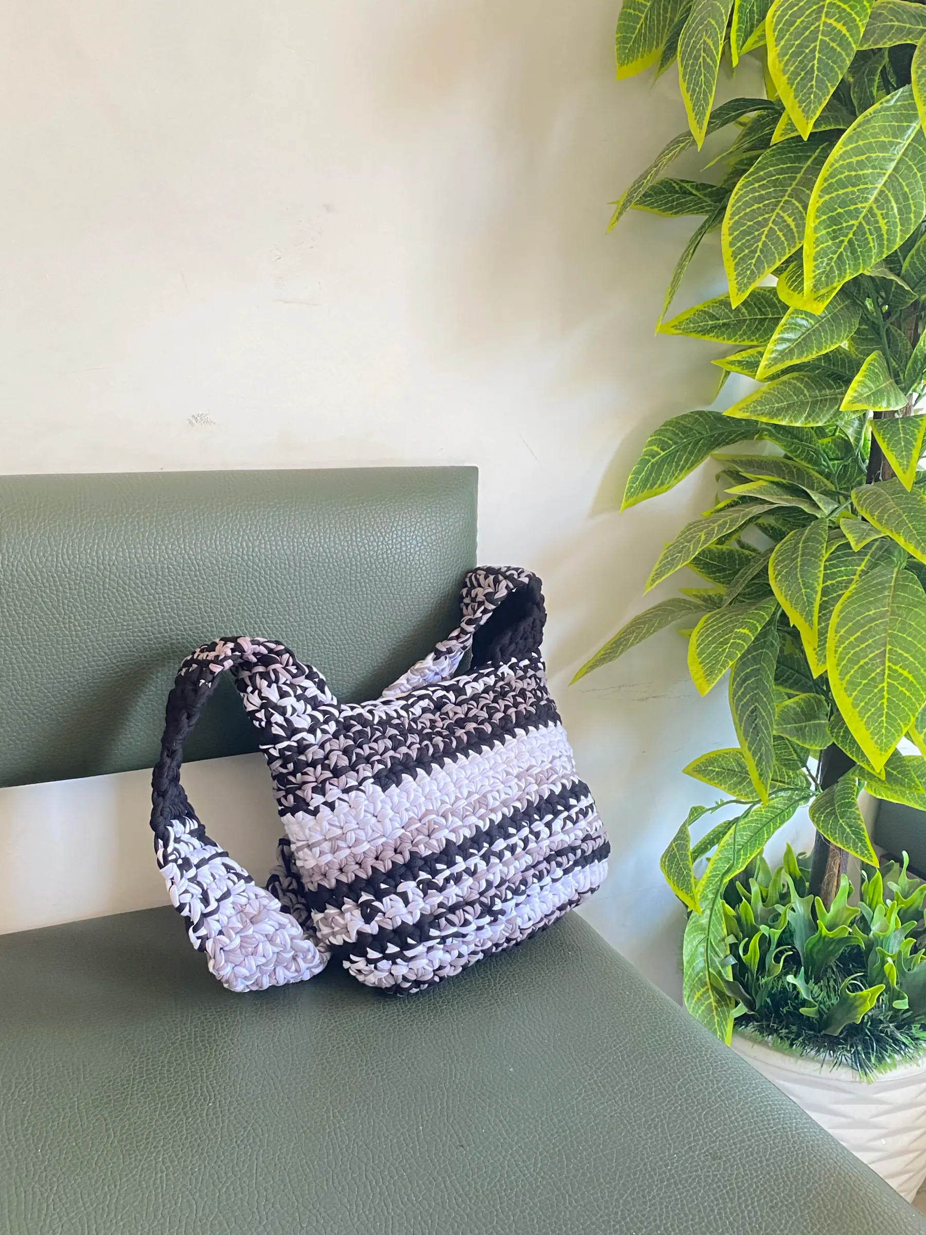 B&W boho bag handmade crochet piece in Black, white and gray combo